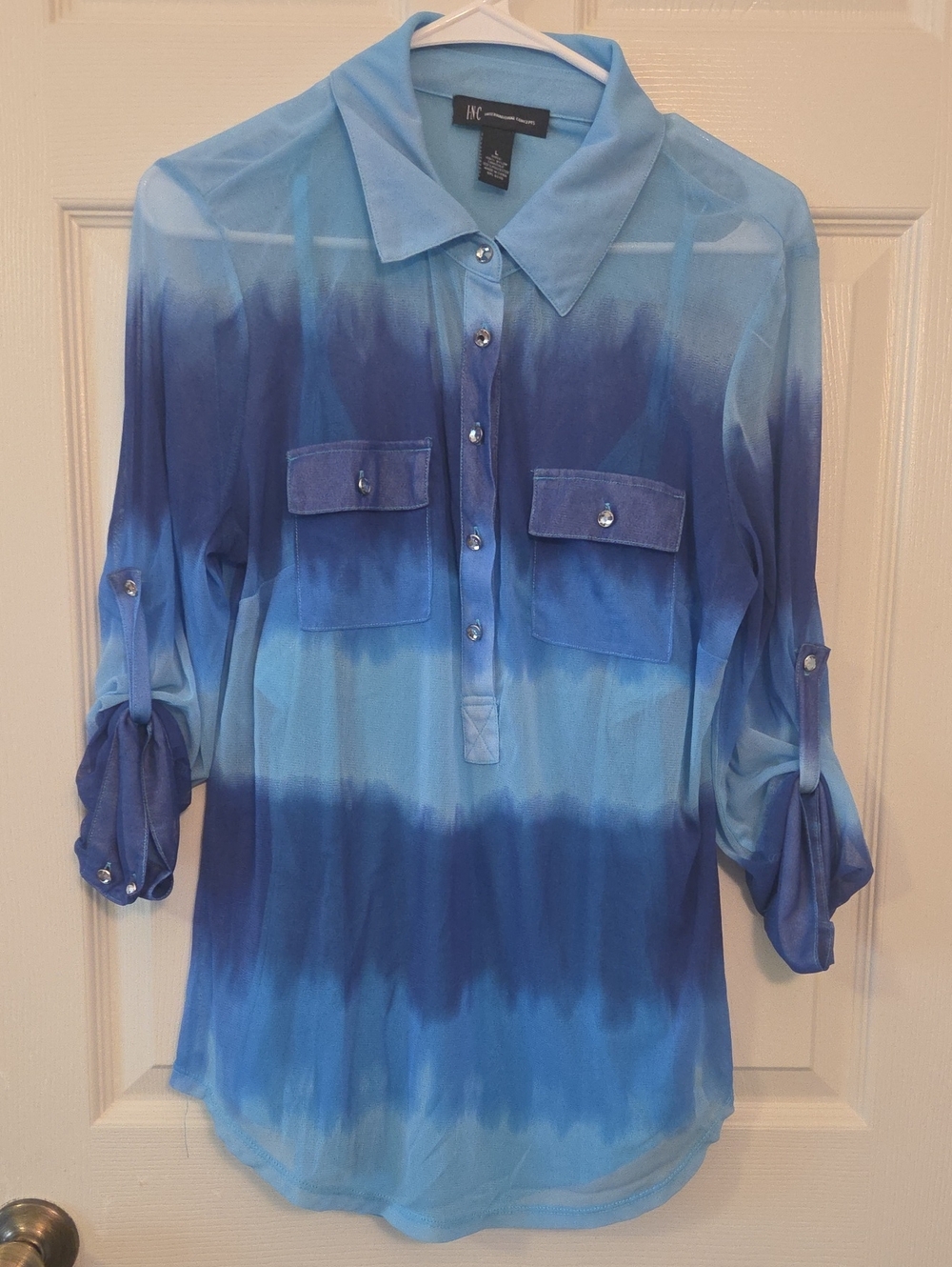 INC International Concepts Blue Ombre Button-Front Roll-Sleeve Blouse Size Large